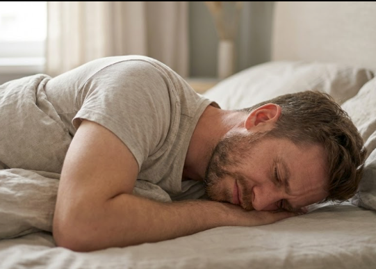 Hombre durmiendo boca abajo sin almohada en una postura que causa tensión cervical.