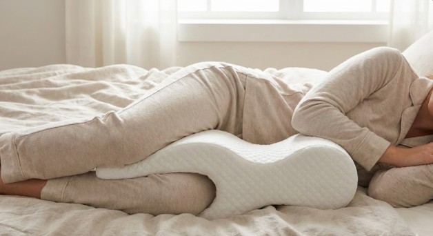 Almohada ortopédica para piernas colocada entre las rodillas para aliviar el dolor lumbar y la ciática al dormir.