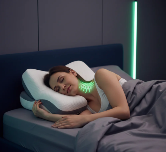 Mujer durmiendo de lado con almohada cervical ortopédica que muestra la alineación correcta de la columna.