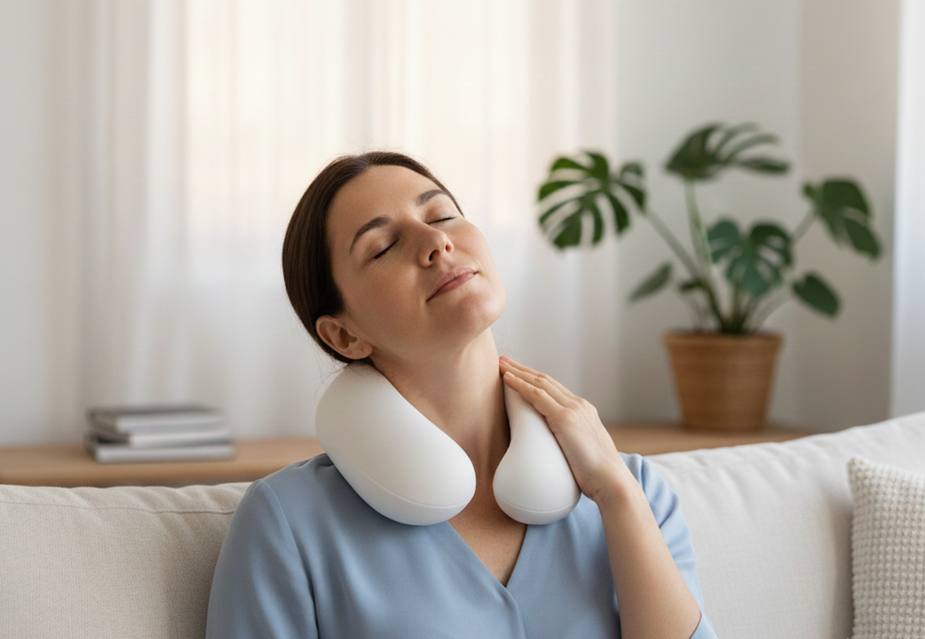 Mujer sujetándose el cuello con una almohada para la rectificación cervical.