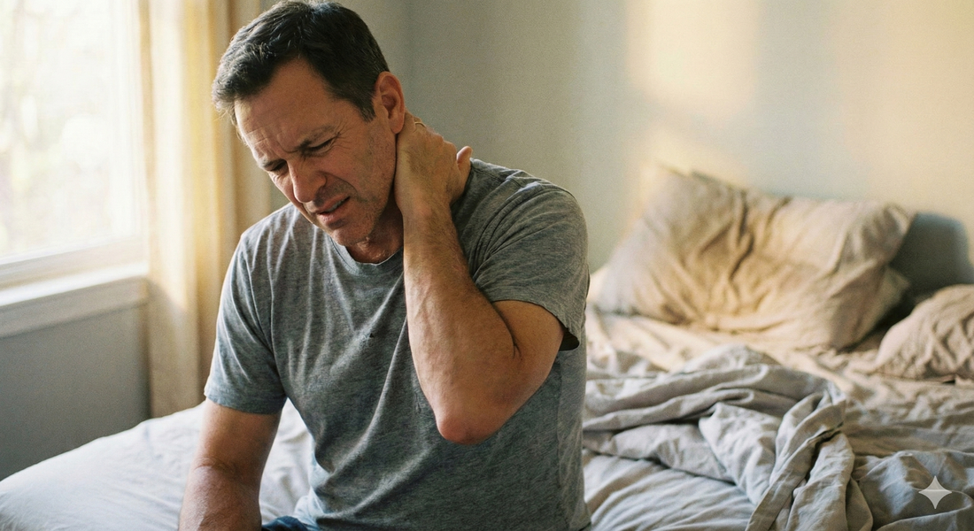 Hombre sentado en la cama sufriendo dolor de cuello y rigidez muscular al despertar.
