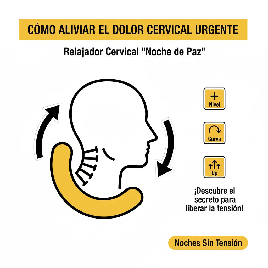 Infografía médica en amarillo FAC245 y negro sobre cómo aliviar el dolor cervical urgente usando el relajador Noches Sin Tensión con niveles de tracción dinámica.