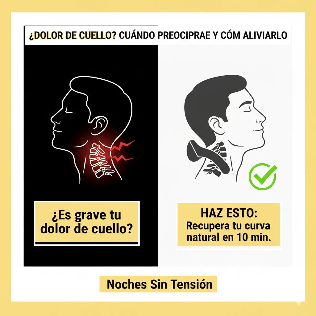 Infografía médica comparativa sobre el dolor de cuello cervical y su alivio mediante tracción dinámica para recuperar la curvatura natural con Noches Sin Tensión.