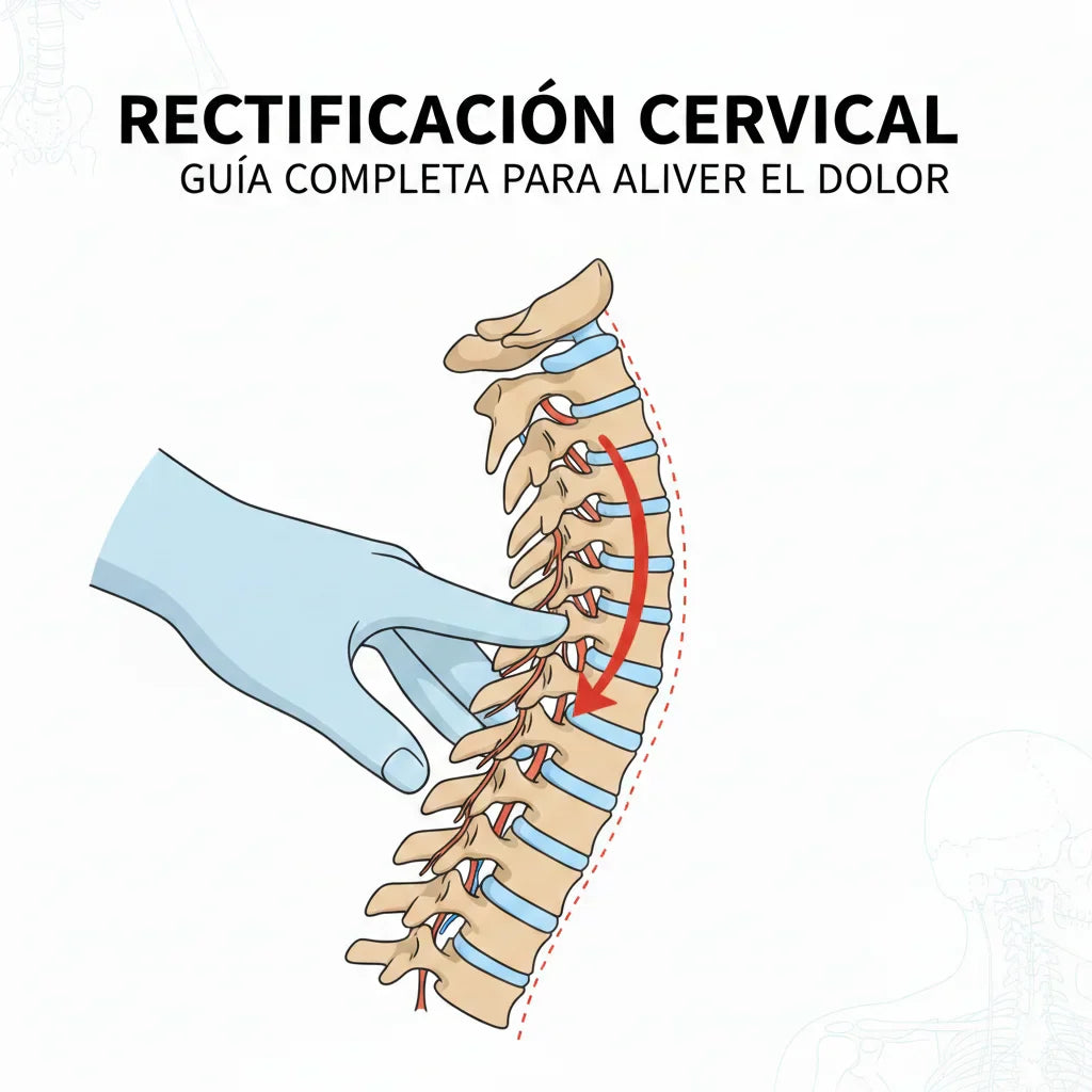 Ilustración médica de una columna vertebral con rectificación cervical y una flecha roja indicando la pérdida de la curvatura natural del cuello.