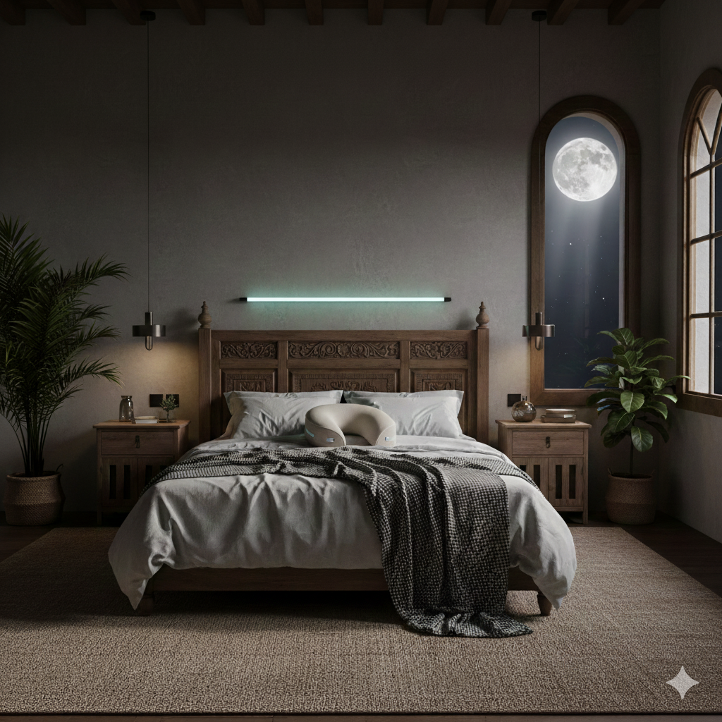 Habitación con un toque hispánico por la noche, una cama en el centro con una almohada cervical sobre la cama.