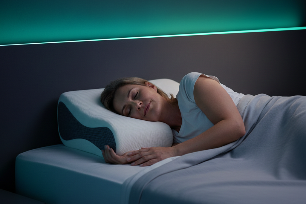 Mujer durmiendo sobre una almohada cervical para aliviar el dolor de cuello.