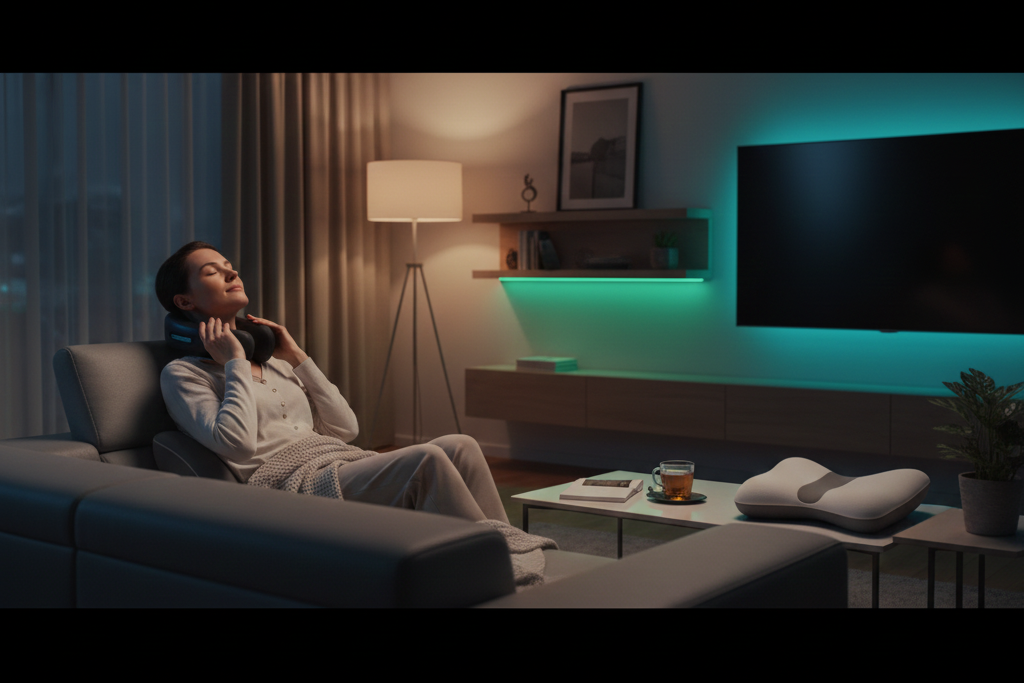 Una mujer que se relaja después de un largo día, con un pequeño cojín cervical.