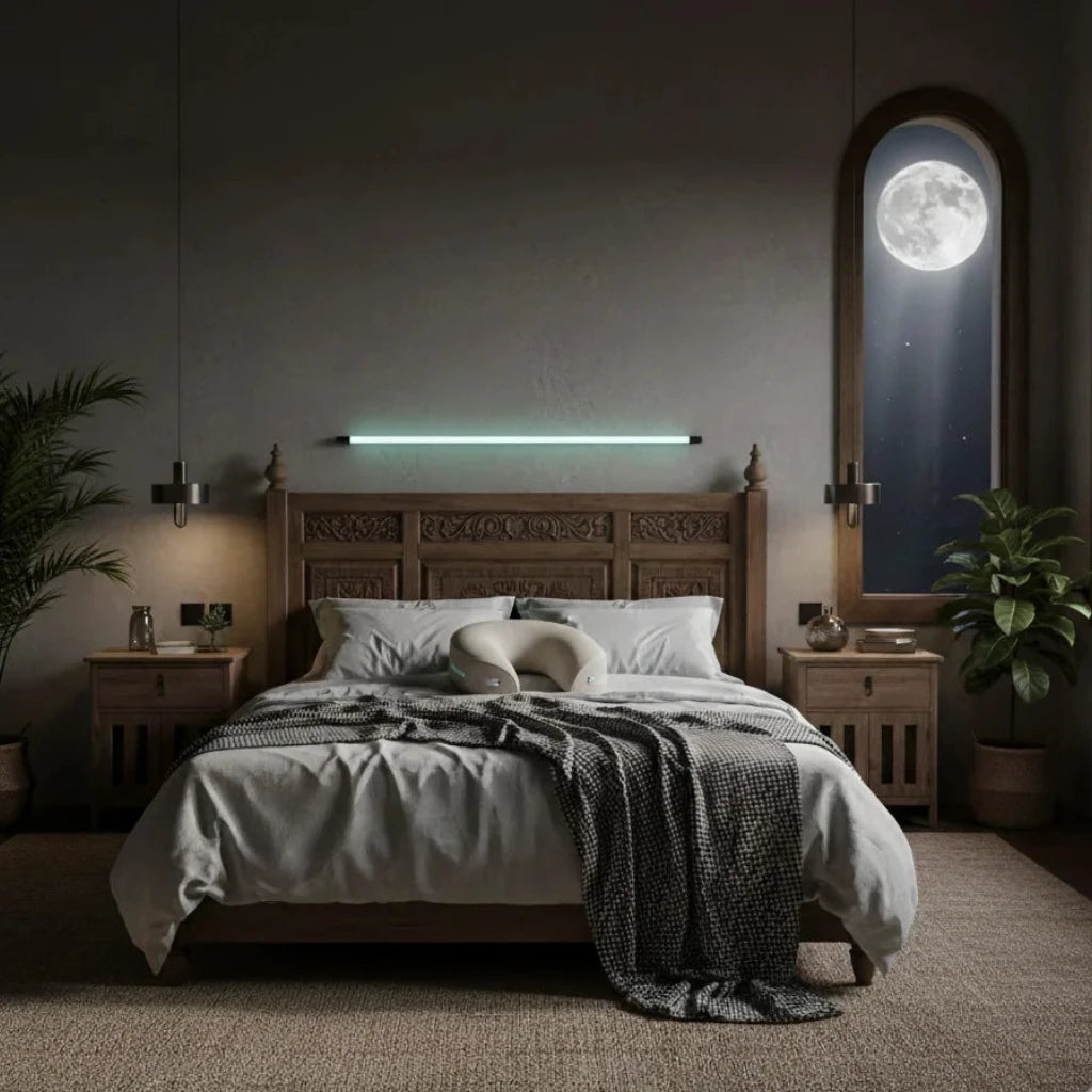 Almohada cervical ergonómica NochesSinTension en una cama acogedora con ambiente nocturno relajante y vista a la luna