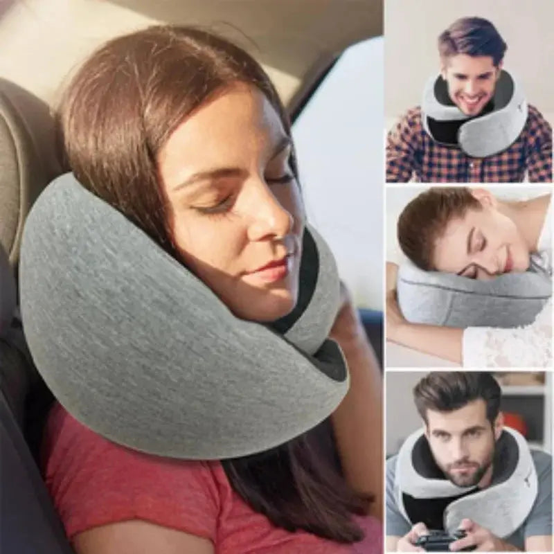 Composición de imágenes de una almohada de viaje gris en forma de U. Se muestra a una mujer durmiendo en un coche, una persona descansando en la oficina y hombres usando el soporte cervical ergonómico para mayor comodidad durante el trayecto o el descanso.
