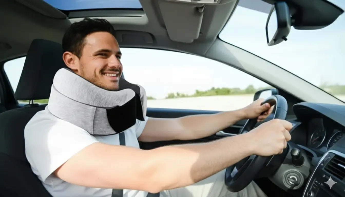 Hombre sonriente conduciendo un coche mientras utiliza una almohada de viaje gris ergonómica que rodea su cuello. El dispositivo de memory foam proporciona un soporte firme y ajustable, permitiendo una postura cómoda y segura al volante.