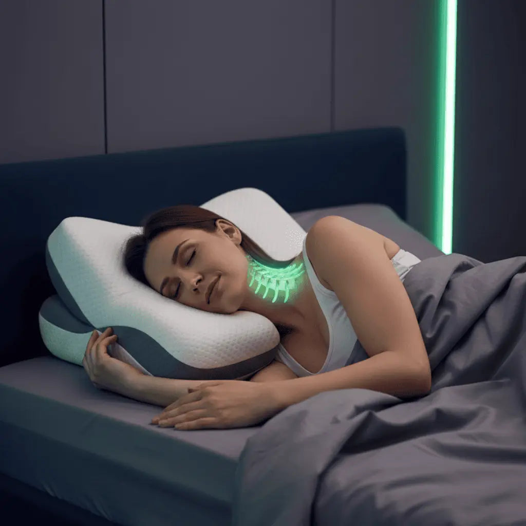 Persona durmiendo de lado con la almohada cervical ergonomica Noches Sin Tension, cuello alineado y relajado.