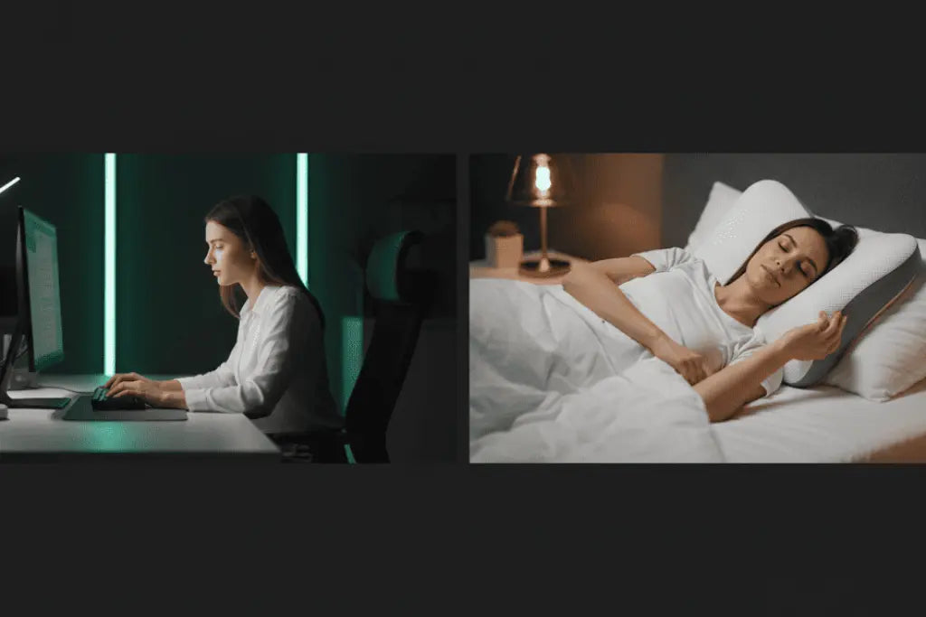 Comparacion entre una jornada de teletrabajo frente al ordenador y un descanso reparador usando la almohada cervical ergonomica Noches 