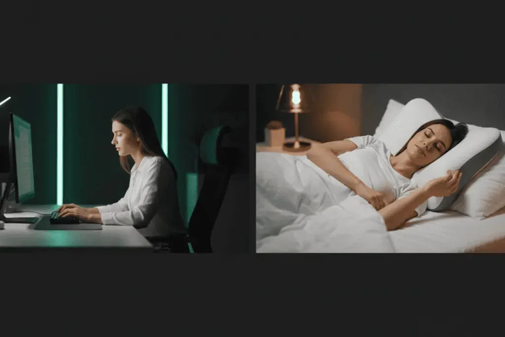 Comparacion entre una jornada de teletrabajo frente al ordenador y un descanso reparador usando la almohada cervical ergonomica Noches 