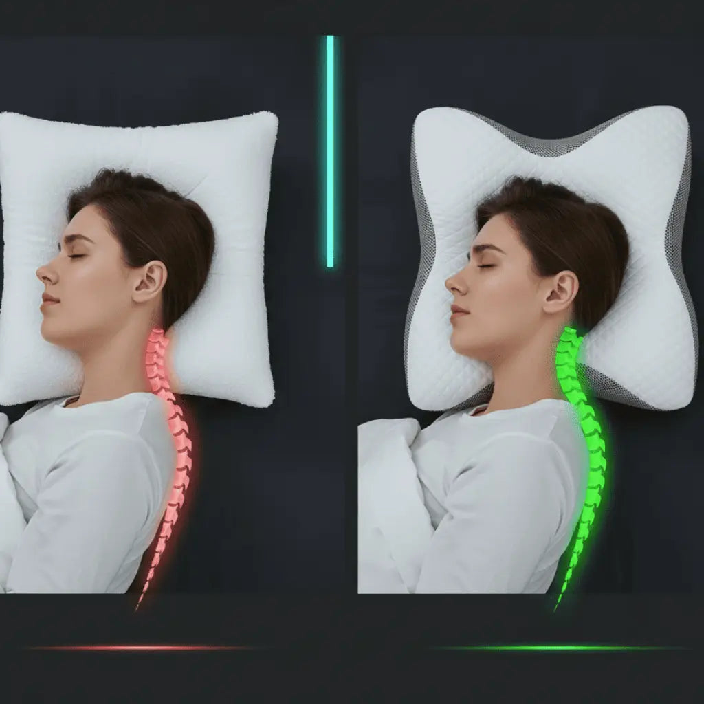 Comparacion de postura de la columna: a la izquierda cuello desalineado con almohada clasica, a la derecha cuello alineado con la almohada cervical ergonomica Noches Sin Tension.