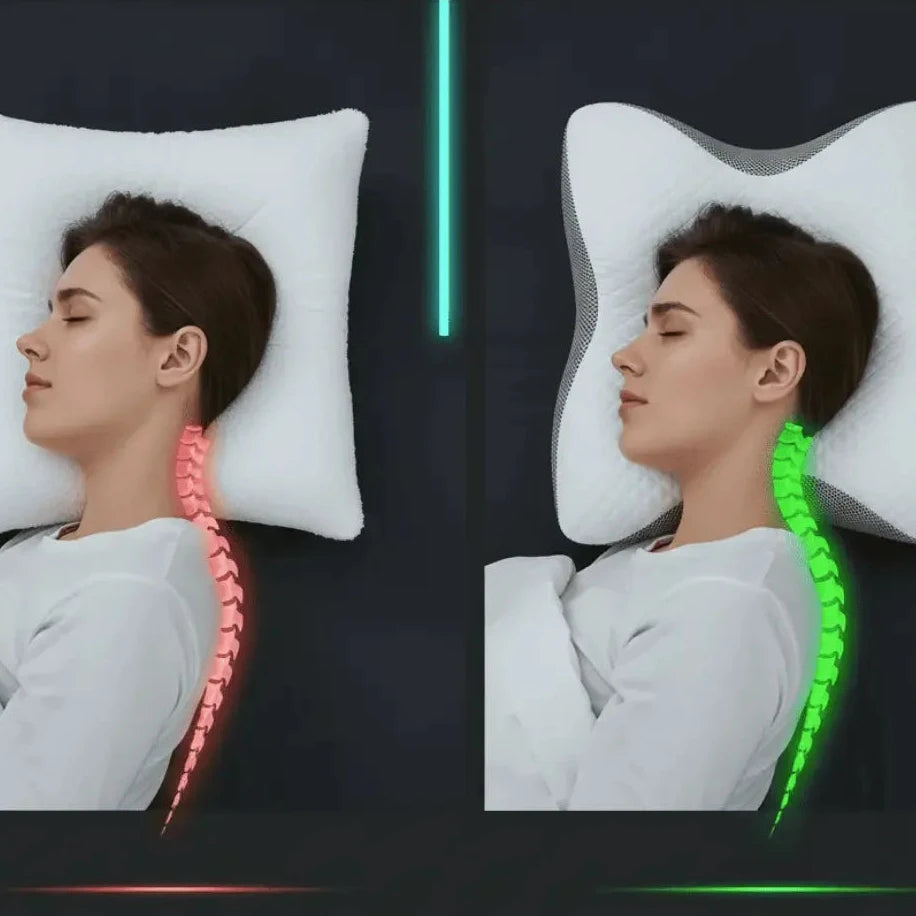 Comparacion de postura de la columna: a la izquierda cuello desalineado con almohada clasica, a la derecha cuello alineado con la almohada cervical ergonomica Noches Sin Tension.