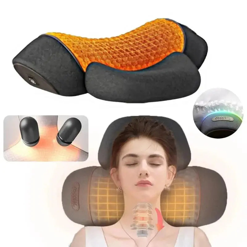 Infografía técnica de un masajeador de cuello gris que muestra una vista del dispositivo con la red de calor naranja activada, un detalle de los nodos de masaje internos y una mujer usándolo para ilustrar la alineación de las vértebras cervicales bajo el efecto de la compresa caliente