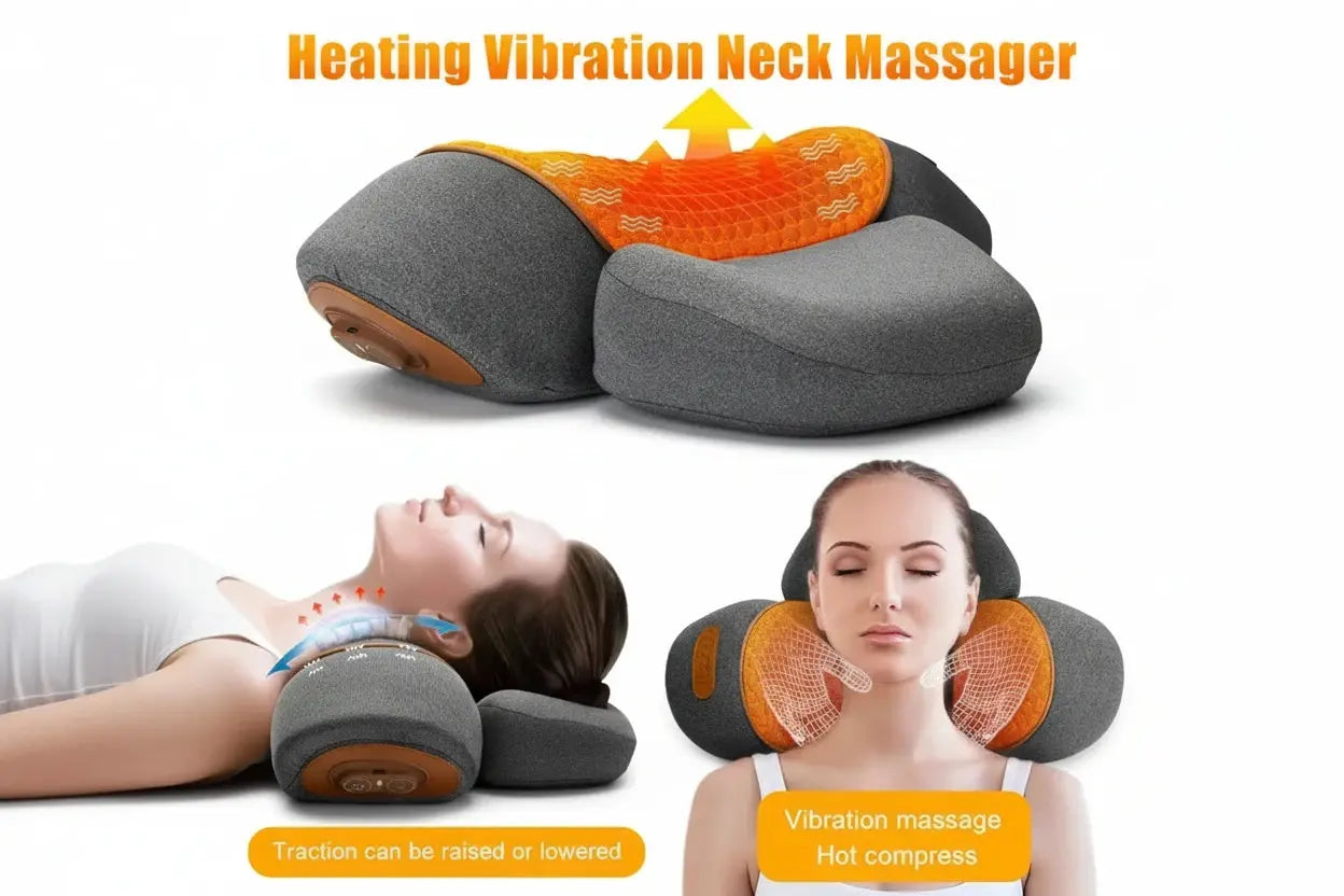 Infografía de un masajeador de cuello ergonómico gris que muestra tres vistas: el dispositivo solo resaltando la zona de calor naranja, una mujer usándolo de perfil para demostrar la tracción cervical, y una vista frontal que ilustra el masaje por vibración y la compresa caliente en los hombros