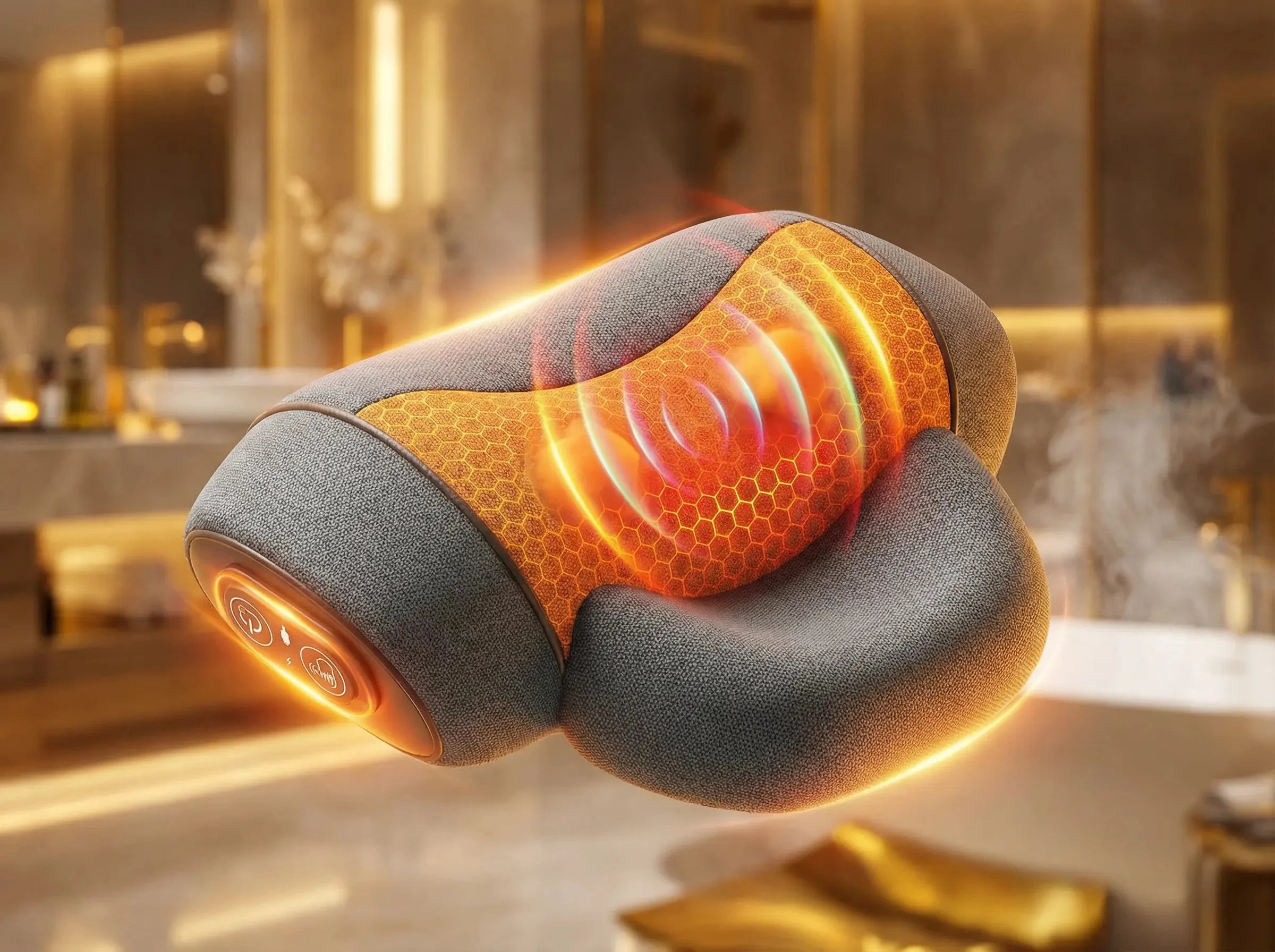 Esquema técnico de relajador cervical con calor infrarrojo para aliviar el dolor de cuello y hombros.