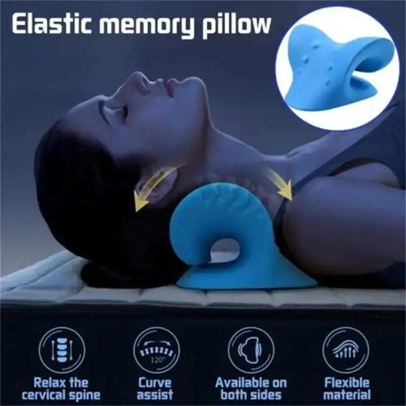 Infografía de un relajador de cuello azul de material elástico que muestra a una persona utilizándolo para relajar la columna cervical. Incluye iconos que destacan beneficios como la asistencia de curva de 120 grados, uso por ambos lados y material flexible de espuma con memoria.