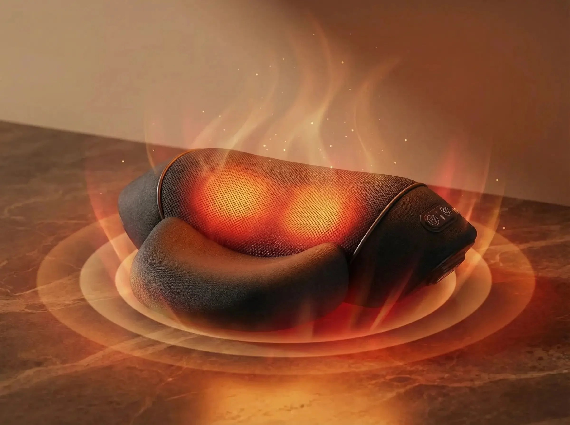 Representación visual de la tecnología de calor infrarrojo y tracción cervical para el alivio profundo del dolor de cuello - Noches Sin Tensión.